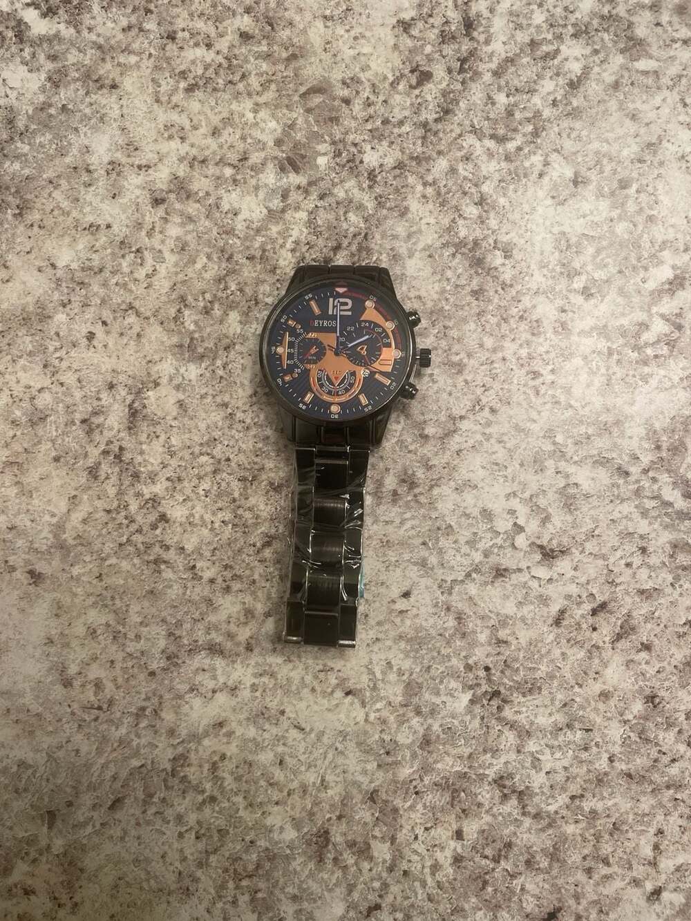 DEYROS Men's Fashion Quartz Watch Black Stainless Steel Band Rose Gold Accents